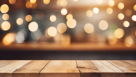 Empty wooden table and bokeh background, product display montageの素材
