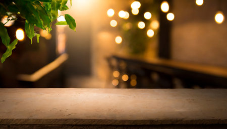 Empty table and Coffee shop blur background with bokeh image.の素材