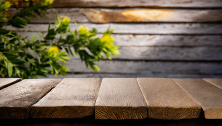 Wooden table in front of abstract blurred background. For product displayの素材