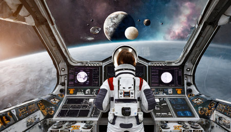 Young woman in suit and helmet on the background of the planet. Mixed mediaの素材