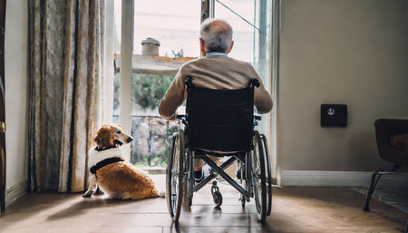 Elderly man in a wheelchair with a dog at home.の素材