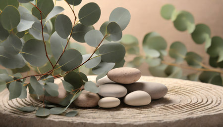 Spa stones with eucalyptus branches on light backgroundの素材