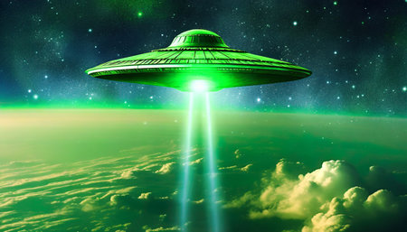 UFO flying in the night sky. Alien spaceship. 3D renderingの素材