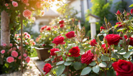 Red roses in the garden on a sunny summer day. Selective focusの素材
