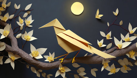 Paper origami crane on the tree. 3d illustration. Paper craft.の素材