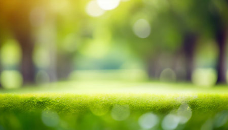 Blur image of green grass and bokeh light background.の素材