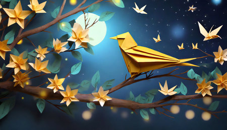 Paper origami bird on tree branch with yellow flowers and stars.の素材
