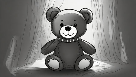 Teddy bear sitting in the forest. Black and white illustration.の素材
