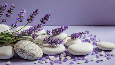 Spa still life with lavender flowers and stones on purple backgroundの素材