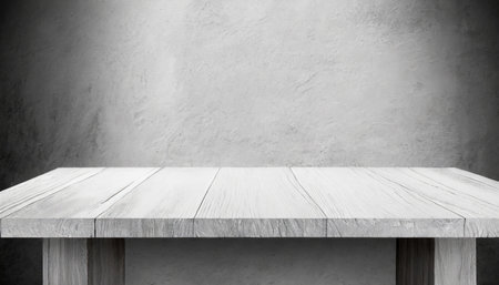 Empty top of white wooden table and concrete wall background. For product displayの素材