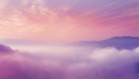 Foggy morning sunrise over the mountains. Colorful cloudscape backgroundの素材