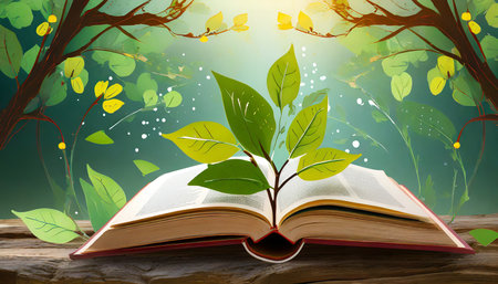 Open book with green sprout growing out of it on wooden tableの素材