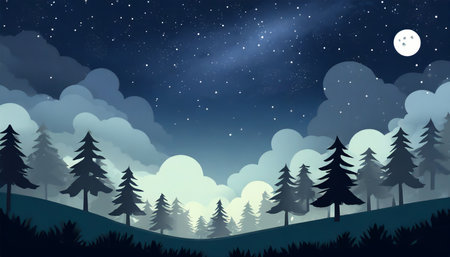Night landscape with fir trees and starry sky. Vector illustration.の素材