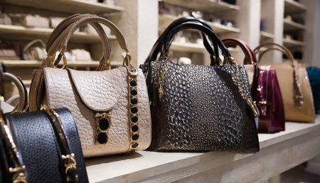 Luxury leather handbags in the shop window of the storeの素材