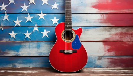 Guitar on a wooden background with an American flag in the backgroundの素材
