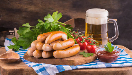 Grilled sausages with ketchup and parsley on wooden boardの素材