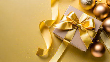 Gift box with golden ribbon and christmas balls on golden backgroundの素材