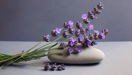 Lavender flowers and pebbles on a gray background.の素材