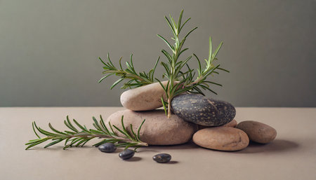 Rosemary and pebbles on a gray background. Spa conceptの素材