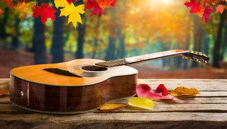 Acoustic guitar and autumn leaves on wooden table with bokeh backgroundの素材
