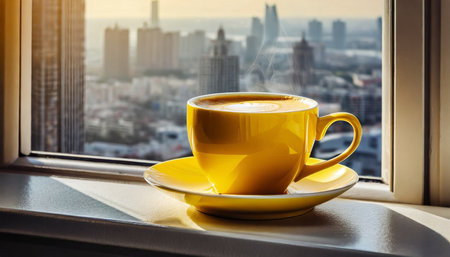 Yellow cup of coffee on the windowsill with city view in the backgroundの素材