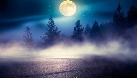 Foggy road at night with full moon. Halloween concept.の素材