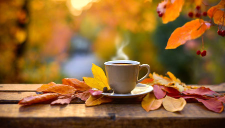 Autumn leaves and cup of coffee on wooden table in the parkの素材