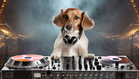 Dj mixer with a cute beagle puppy on a dark backgroundの素材