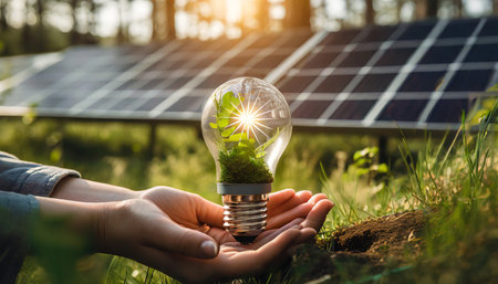 Energy saving lightbulb in the hands of a woman on a background of solar panelsの素材