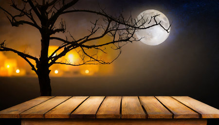 Empty wooden table for product display montages with tree and full moonの素材