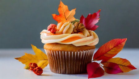 Autumn cupcake with cream cheese frosting and colorful fall leavesの素材
