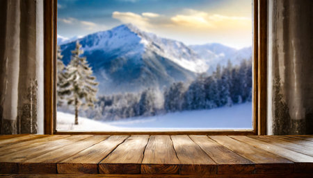 Empty wooden table for product display montages. Winter landscape in the background.の素材