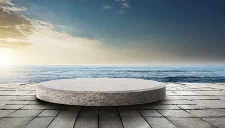 Empty round stone platform on the beach at sunset. 3d renderingの素材
