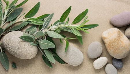 Sage leaves and pebbles on sand background, top viewの素材