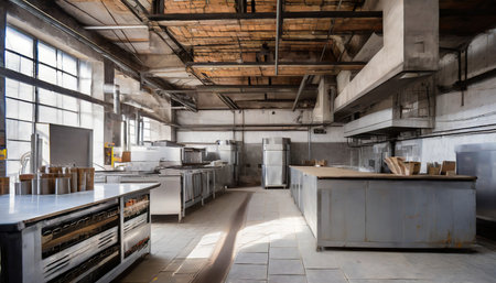 Interior of a modern kitchen in a large industrial building. Nobody insideの素材