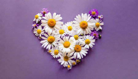 Heart made of chamomile flowers on purple background, top viewの素材