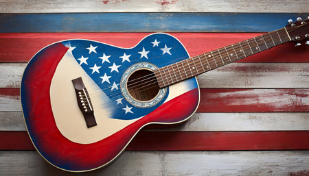 Guitar and American flag on wooden background. Music concept.の素材