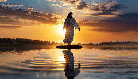 Muslim man in white robe standing on a stone in the river at sunsetの素材