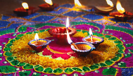 Indian festival Diwali, Diya oil lamps lit on colorful rangoliの素材