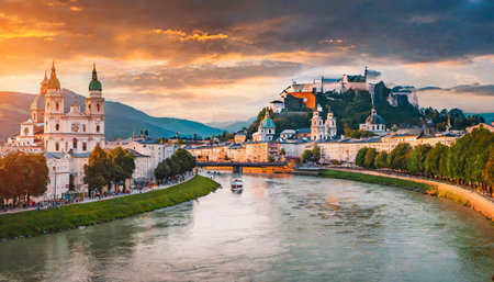 Panoramic view of Salzburg at sunset, Austria.の素材
