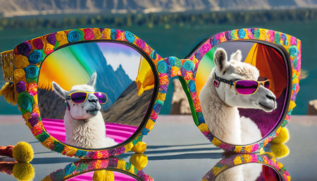 Llama and sunglasses on the background of mountains and lake.の素材