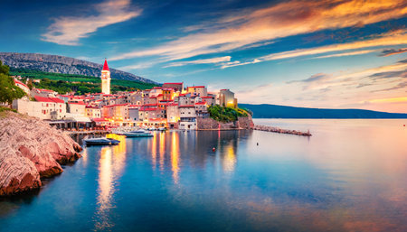 Colorful summer sunrise over the old town of Perast. Popular travel destination. Location: Perast, Montenegro, Balkans, Europe. Artistic style post processed photo.の素材