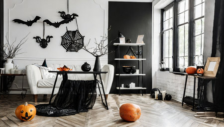 Halloween decoration in living room interior with black and white furniture, pumpkins and spidersの素材