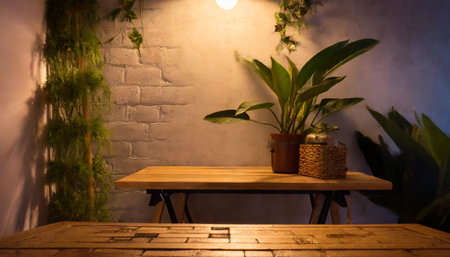 Wooden table with plant and lamp on the brick wall background.の素材