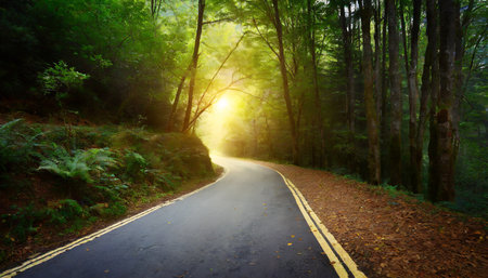 Asphalt road in the forest with sunbeams and lens flareの素材