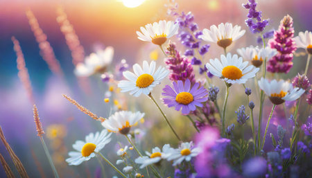 Wildflowers in the meadow at sunset. Nature background.の素材