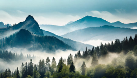 Majestic mountain landscape with fog in the morning. Carpathian, Ukraine, Europe. Beauty world.の素材