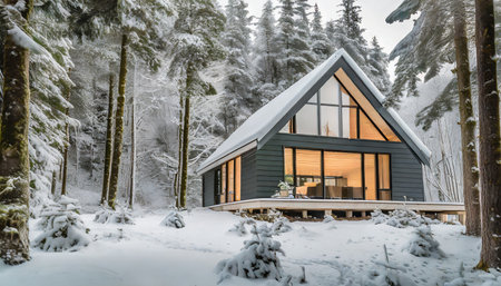 Beautiful wooden house in the forest. Winter landscape with a snowy forest.の素材