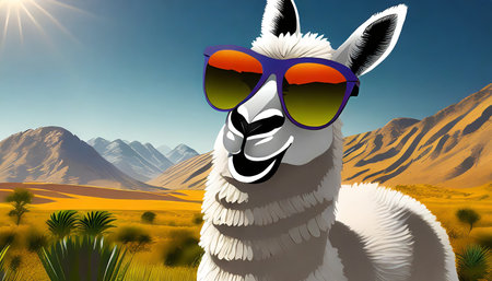 Llama wearing sunglasses in the desert. 3D rendering.の素材