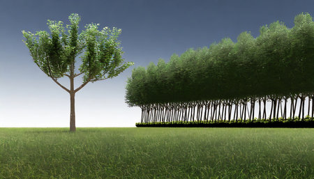 Green meadow with trees and blue sky - 3d render illustrationの素材